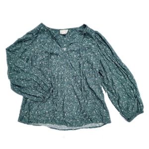 Green Floral Print Loose 3/4 Sleeve Peasant Blouse Women's Medium